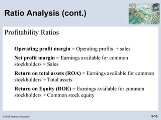 © 2012 Pearson Education 3-13
Ratio Analysis (cont.)
Profitability Ratios
Operating profit margin = Operating profits ÷ sales
Net profit margin = Earnings available for common
stockholders ÷ Sales
Return on total assets (ROA) = Earnings available for common
stockholders ÷ Total assets
Return on Equity (ROE) = Earnings available for common
stockholders ÷ Common stock equity
 