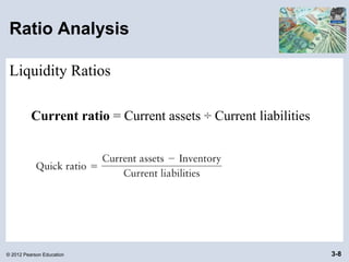 © 2012 Pearson Education 3-8
Ratio Analysis
Liquidity Ratios
Current ratio = Current assets ÷ Current liabilities
 