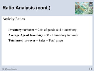 © 2012 Pearson Education 3-9
Ratio Analysis (cont.)
Activity Ratios
Inventory turnover = Cost of goods sold ÷ Inventory
Average Age of Inventory = 365 ÷ Inventory turnover
Total asset turnover = Sales ÷ Total assets
 