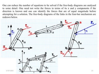 17.07.2025 21
One can reduce the number of equations to be solved if the free-body diagrams are analysed
to some detail. One need not write the forces in terms of its x and y components if the
direction is known and one can identify the forces that are of equal magnitude before
attempting for a solution. The free-body diagrams of the links in the four-bar mechanism are
redrawn below.
 