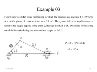 17.07.2025 26
Example 03
Figure shows a slider crank mechanism in which the resultant gas pressure 8 x 104
N/m2
acts on the piston of cross sectional area 0.1 m2
. The system is kept in equilibrium as a
result of the couple applied to the crank 2, through the shaft at O2. Determine forces acting
on all the links (including the pins) and the couple on link 2.
 