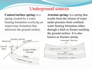 Underground sources
 Contact/surface spring: is a
spring created by a water
bearing formation overlying an
impervious formation that
intersects the ground surface.
 Artesian spring: is a spring that
results from the release of water
under pressure from confined
water bearing formation either
through a fault or fissure reaching
the ground surface. It is also
known as fracture spring.
18
 