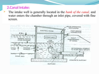 2.Canal Intake:
 The intake well is generally located in the bank of the canal, and
water enters the chamber through an inlet pipe, covered with fine
screen.
 