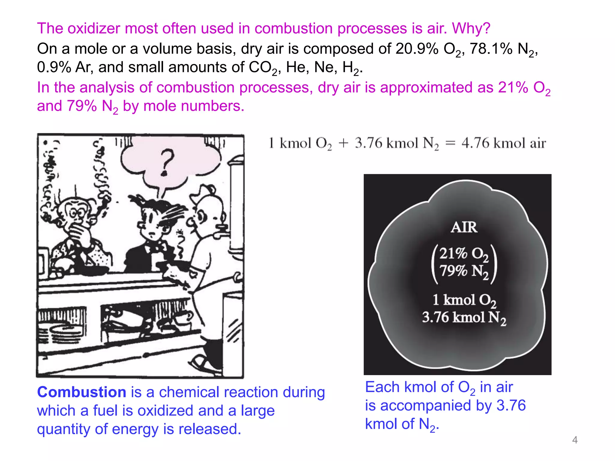 The oxidizer most often used in combustion processes is air. Why?
On a mole or a volume basis, dry air is composed of 20.9% O2, 78.1% N2,
0.9% Ar, and small amounts of CO2, He, Ne, H2.
In the analysis of combustion processes, dry air is approximated as 21% O2
and 79% N2 by mole numbers.




Combustion is a chemical reaction during       Each kmol of O2 in air
which a fuel is oxidized and a large           is accompanied by 3.76
quantity of energy is released.                kmol of N2.
                                                                             4
 