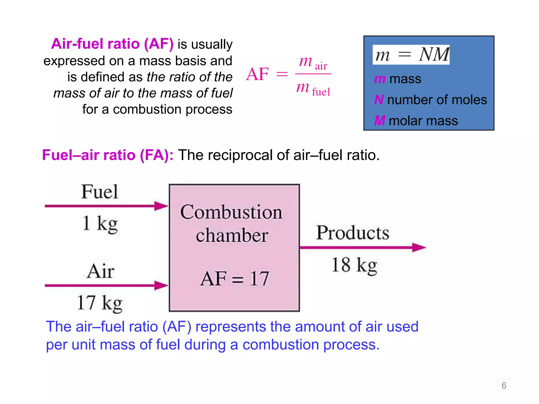 Air-fuel ratio (AF) is usually
expressed on a mass basis and
    is defined as the ratio of the                  m mass
 mass of air to the mass of fuel                    N number of moles
       for a combustion process
                                                    M molar mass

Fuel–air ratio (FA): The reciprocal of air–fuel ratio.




The air–fuel ratio (AF) represents the amount of air used
per unit mass of fuel during a combustion process.

                                                                        6
 
