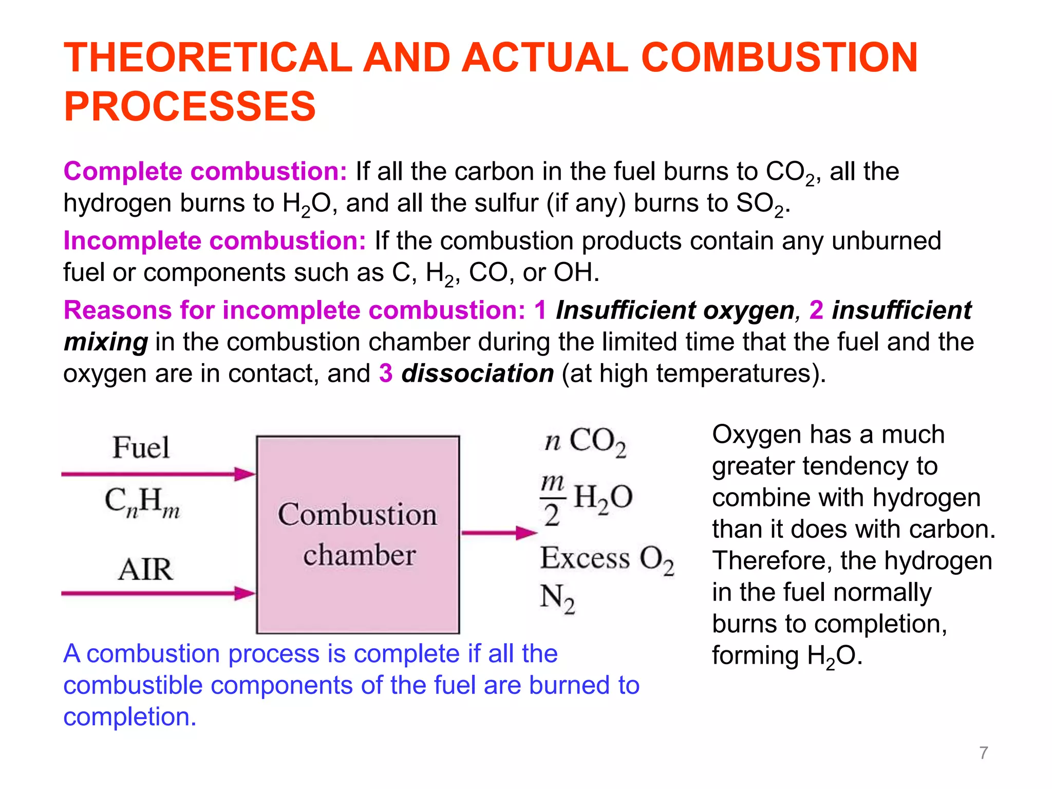 THEORETICAL AND ACTUAL COMBUSTION
PROCESSES
Complete combustion: If all the carbon in the fuel burns to CO2, all the
hydrogen burns to H2O, and all the sulfur (if any) burns to SO2.
Incomplete combustion: If the combustion products contain any unburned
fuel or components such as C, H2, CO, or OH.
Reasons for incomplete combustion: 1 Insufficient oxygen, 2 insufficient
mixing in the combustion chamber during the limited time that the fuel and the
oxygen are in contact, and 3 dissociation (at high temperatures).

                                                       Oxygen has a much
                                                       greater tendency to
                                                       combine with hydrogen
                                                       than it does with carbon.
                                                       Therefore, the hydrogen
                                                       in the fuel normally
                                                       burns to completion,
A combustion process is complete if all the            forming H2O.
combustible components of the fuel are burned to
completion.
                                                                                 7
 