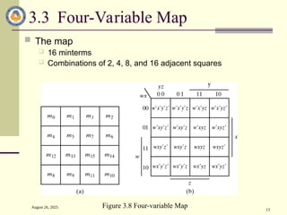 August 26, 2025
13
3.3 Four-Variable Map
 The map
 16 minterms
 Combinations of 2, 4, 8, and 16 adjacent squares
Figure 3.8 Four-variable Map
 