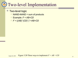 August 26, 2025
31
Two-level Implementation
 Two-level logic
 NAND-NAND = sum of products
 Example: F = AB+CD
 F = ((AB)' (CD)' )' =AB+CD
Figure 3.20 Three ways to implement F = AB + CD
 