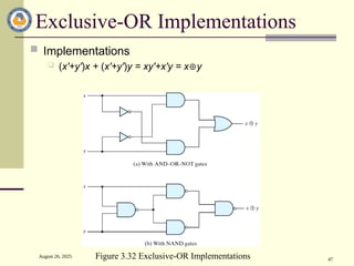 August 26, 2025
47
Exclusive-OR Implementations
 Implementations
 (x'+y')x + (x'+y')y = xy'+x'y = xy
Figure 3.32 Exclusive-OR Implementations
 