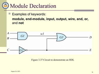 August 26, 2025
56
Module Declaration
 Examples of keywords:
module, end-module, input, output, wire, and, or,
and not
Figure 3.37 Circuit to demonstrate an HDL
 