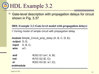 August 26, 2025
59
HDL Example 3.2
 Gate-level description with propagation delays for circuit
shown in Fig. 3.37
 