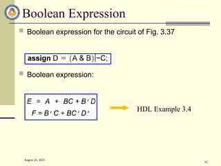 August 26, 2025
62
Boolean Expression
 Boolean expression for the circuit of Fig. 3.37
 Boolean expression:
HDL Example 3.4
 