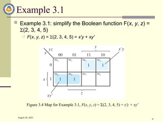 August 26, 2025
8
Example 3.1
 Example 3.1: simplify the Boolean function F(x, y, z) =
(2, 3, 4, 5)
 F(x, y, z) = (2, 3, 4, 5) = x'y + xy'
Figure 3.4 Map for Example 3.1, F(x, y, z) = Σ(2, 3, 4, 5) = x'y + xy'
 