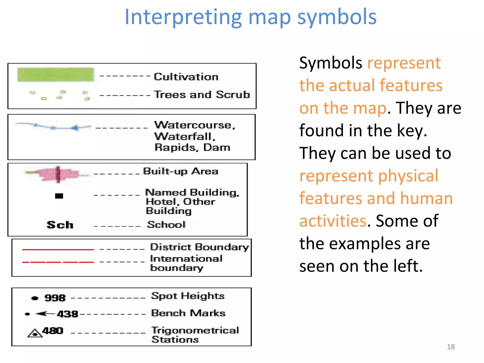 Interpreting map symbols 
Symbols represent 
the actual features 
on the map. They are 
found in the key. 
They can be used to 
represent physical 
features and human 
activities. Some of 
the examples are 
seen on the left. 
18 
 