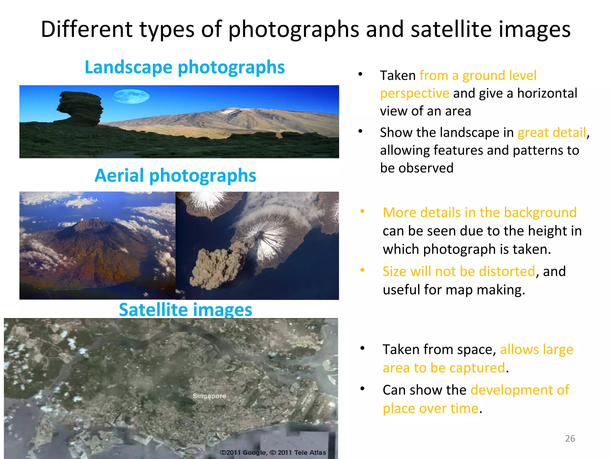 Different types of photographs and satellite images 
26 
Landscape photographs 
Aerial photographs 
• Taken from a ground level 
perspective and give a horizontal 
view of an area 
• Show the landscape in great detail, 
allowing features and patterns to 
be observed 
• More details in the background 
can be seen due to the height in 
which photograph is taken. 
• Size will not be distorted, and 
useful for map making. 
• Taken from space, allows large 
area to be captured. 
• Can show the development of 
place over time. 
Satellite images 
 