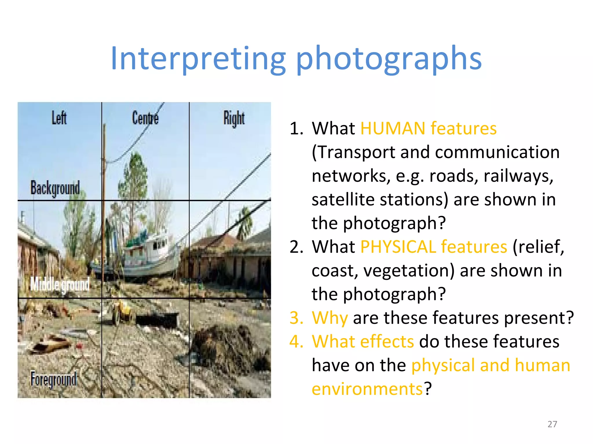 Interpreting photographs 
1. What HUMAN features 
(Transport and communication 
networks, e.g. roads, railways, 
satellite stations) are shown in 
the photograph? 
2. What PHYSICAL features (relief, 
coast, vegetation) are shown in 
the photograph? 
3. Why are these features present? 
4. What effects do these features 
have on the physical and human 
environments? 
27 
 
