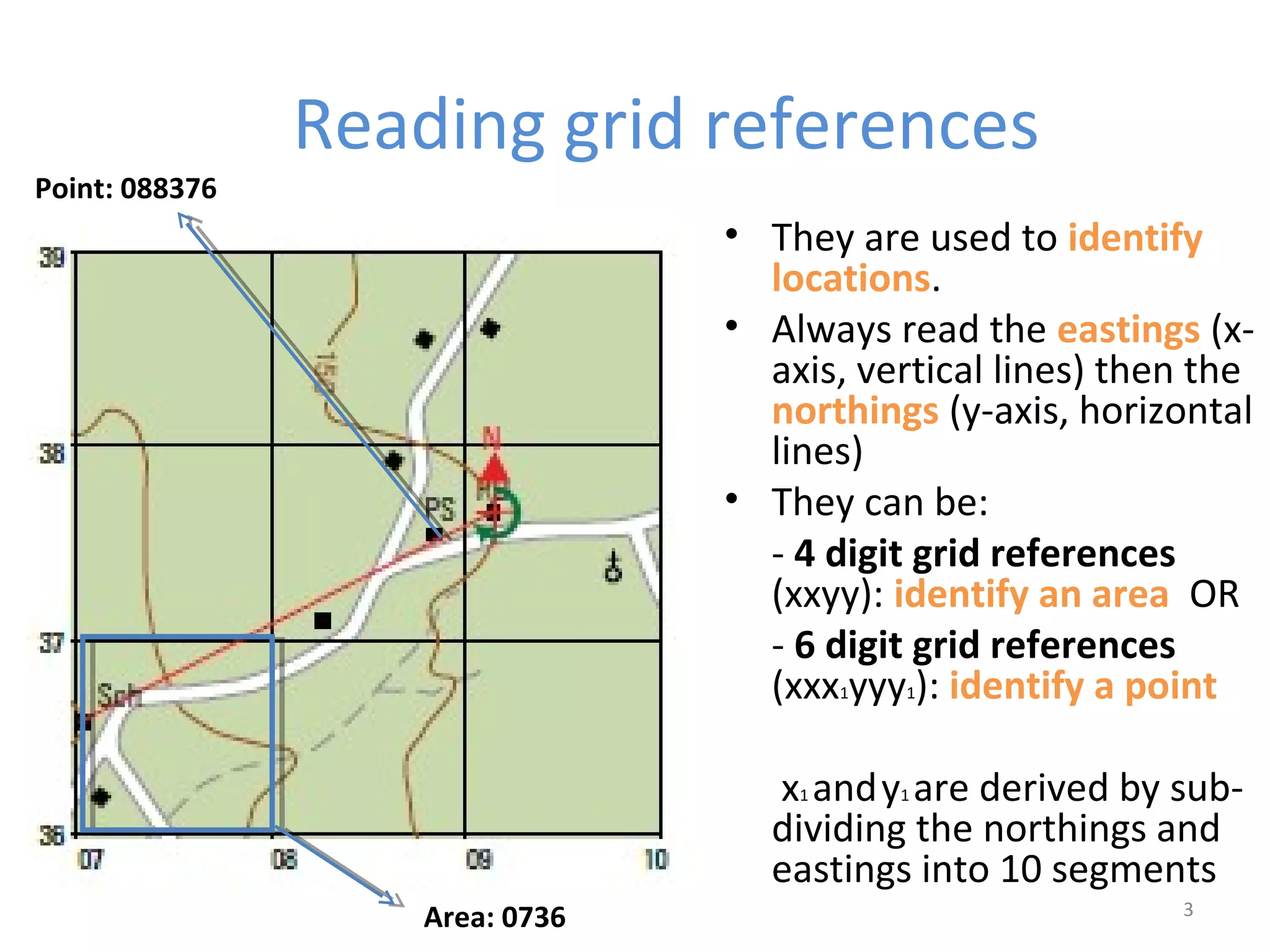 Reading grid references 
• They are used to identify 
locations. 
• Always read the eastings (x-axis, 
vertical lines) then the 
northings (y-axis, horizontal 
lines) 
• They can be: 
- 4 digit grid references 
(xxyy): identify an area OR 
- 6 digit grid references 
(xxx1yyy1): identify a point 
x1 and y1 are derived by sub-dividing 
the northings and 
eastings into 10 segments 
3 
Area: 0736 
Point: 088376 
 