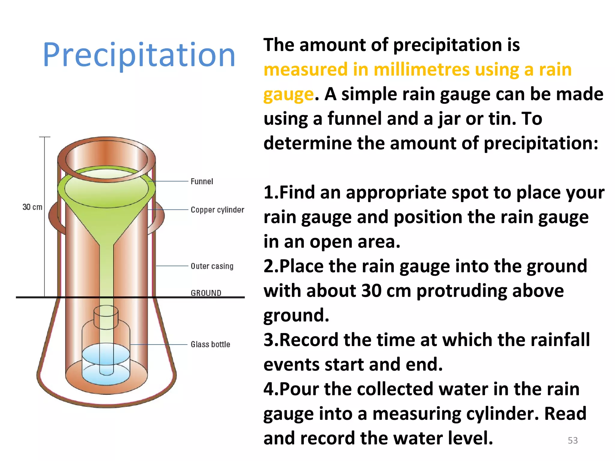 Precipitation 
The amount of precipitation is 
measured in millimetres using a rain 
gauge. A simple rain gauge can be made 
using a funnel and a jar or tin. To 
determine the amount of precipitation: 
1.Find an appropriate spot to place your 
rain gauge and position the rain gauge 
in an open area. 
2.Place the rain gauge into the ground 
with about 30 cm protruding above 
ground. 
3.Record the time at which the rainfall 
events start and end. 
4.Pour the collected water in the rain 
gauge into a measuring cylinder. Read 
and record the water level. 
53 
 