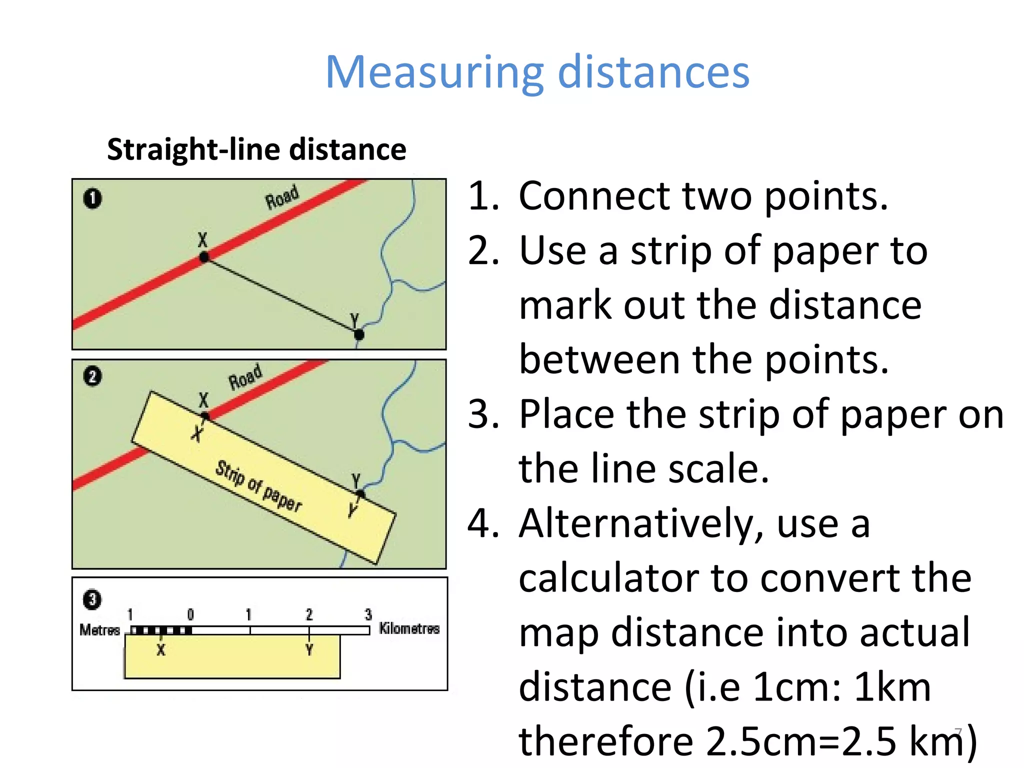 Measuring distances 
7 
Straight-line distance 
1. Connect two points. 
2. Use a strip of paper to 
mark out the distance 
between the points. 
3. Place the strip of paper on 
the line scale. 
4. Alternatively, use a 
calculator to convert the 
map distance into actual 
distance (i.e 1cm: 1km 
therefore 2.5cm=2.5 km) 
 