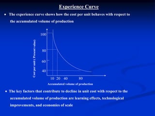 Experience Curve
 The experience curve shows how the cost per unit behaves with respect to
the accumulated volume of production
10 20 40 80
100
80
60
40
Accumulated volume of production
 The key factors that contribute to decline in unit cost with respect to the
accumulated volume of production are learning effects, technological
improvements, and economies of scale
 