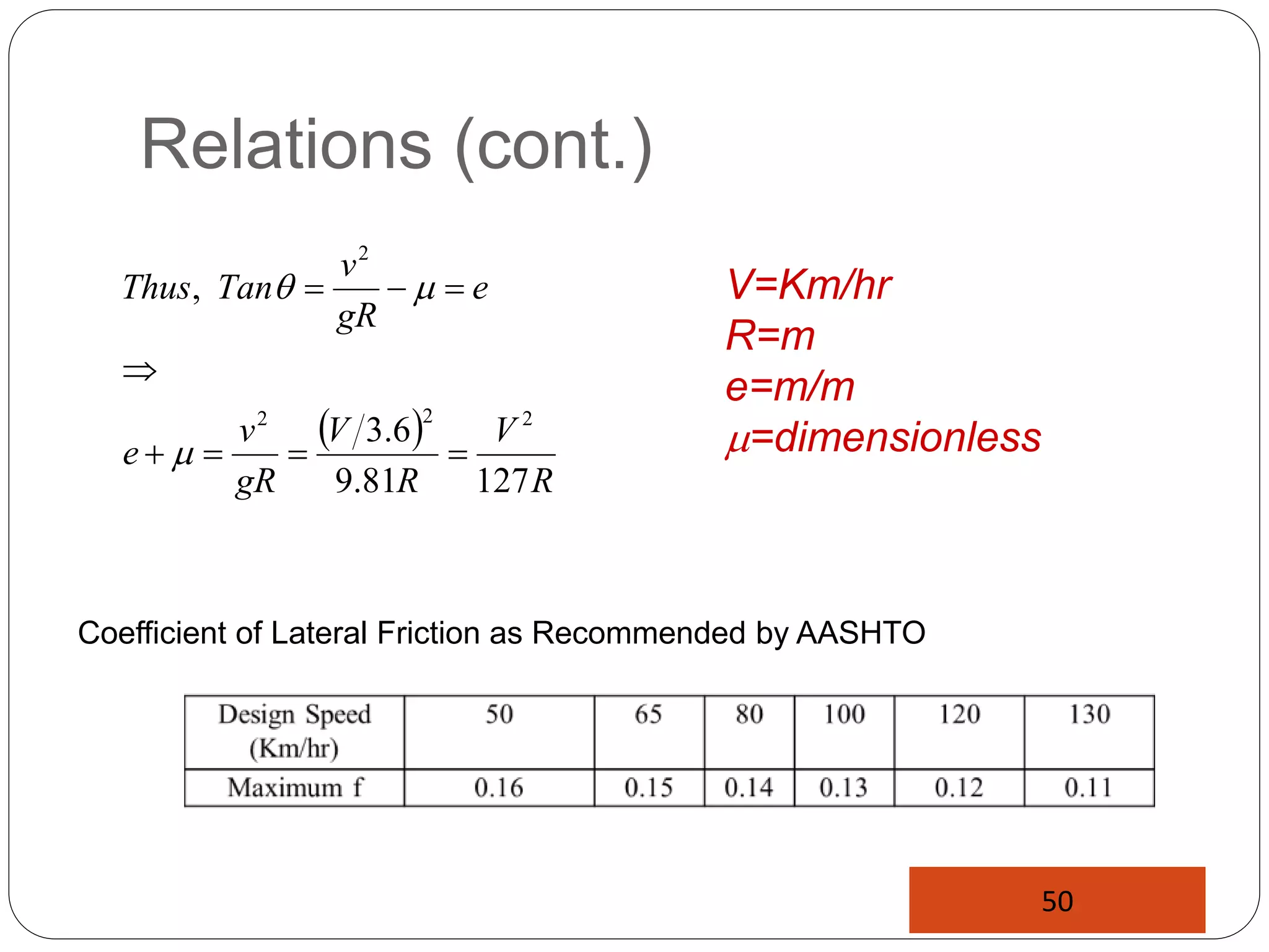 Relations (cont.)
 
R
V
R
V
gR
v
e
e
gR
v
Tan
Thus
127
81
.
9
6
.
3
,
2
2
2
2








m
m
 V=Km/hr
R=m
e=m/m
m=dimensionless
50
Coefficient of Lateral Friction as Recommended by AASHTO
 