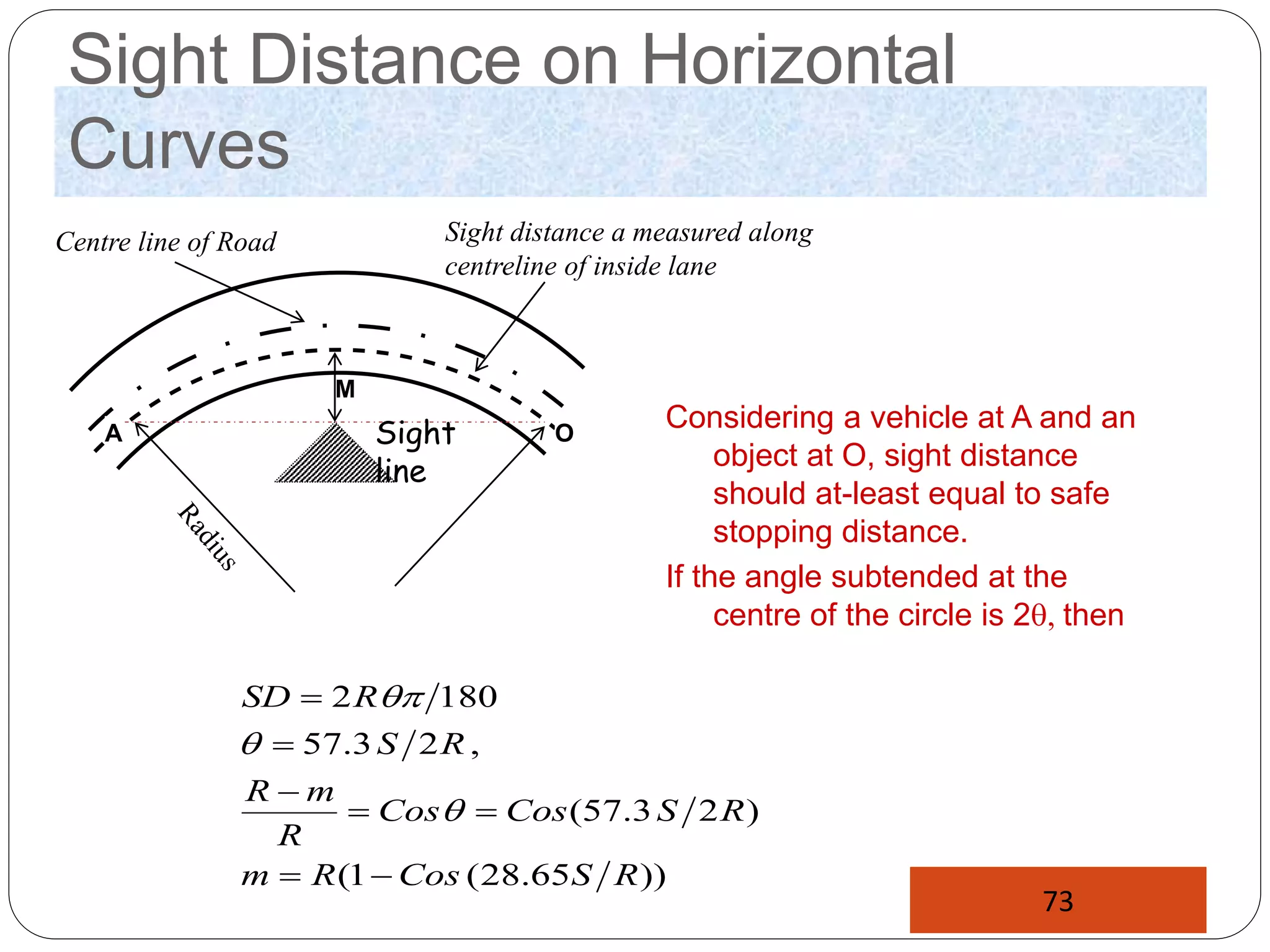 Sight Distance on Horizontal
Curves
Considering a vehicle at A and an
object at O, sight distance
should at-least equal to safe
stopping distance.
If the angle subtended at the
centre of the circle is 2, then
Centre line of Road
M
Sight distance a measured along
centreline of inside lane
Sight
line
A O
))
65
.
28
(
1
(
)
2
3
.
57
(
,
2
3
.
57
180
2
R
S
Cos
R
m
R
S
Cos
Cos
R
m
R
R
S
R
SD










73
 