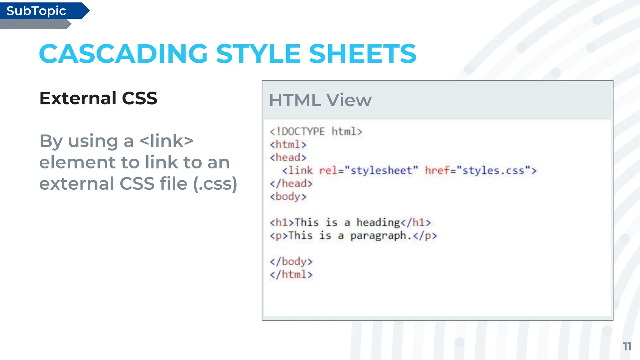 11
CASCADING STYLE SHEETS
External CSS
By using a <link>
element to link to an
external CSS file (.css)
SubTopic
HTML View
 
