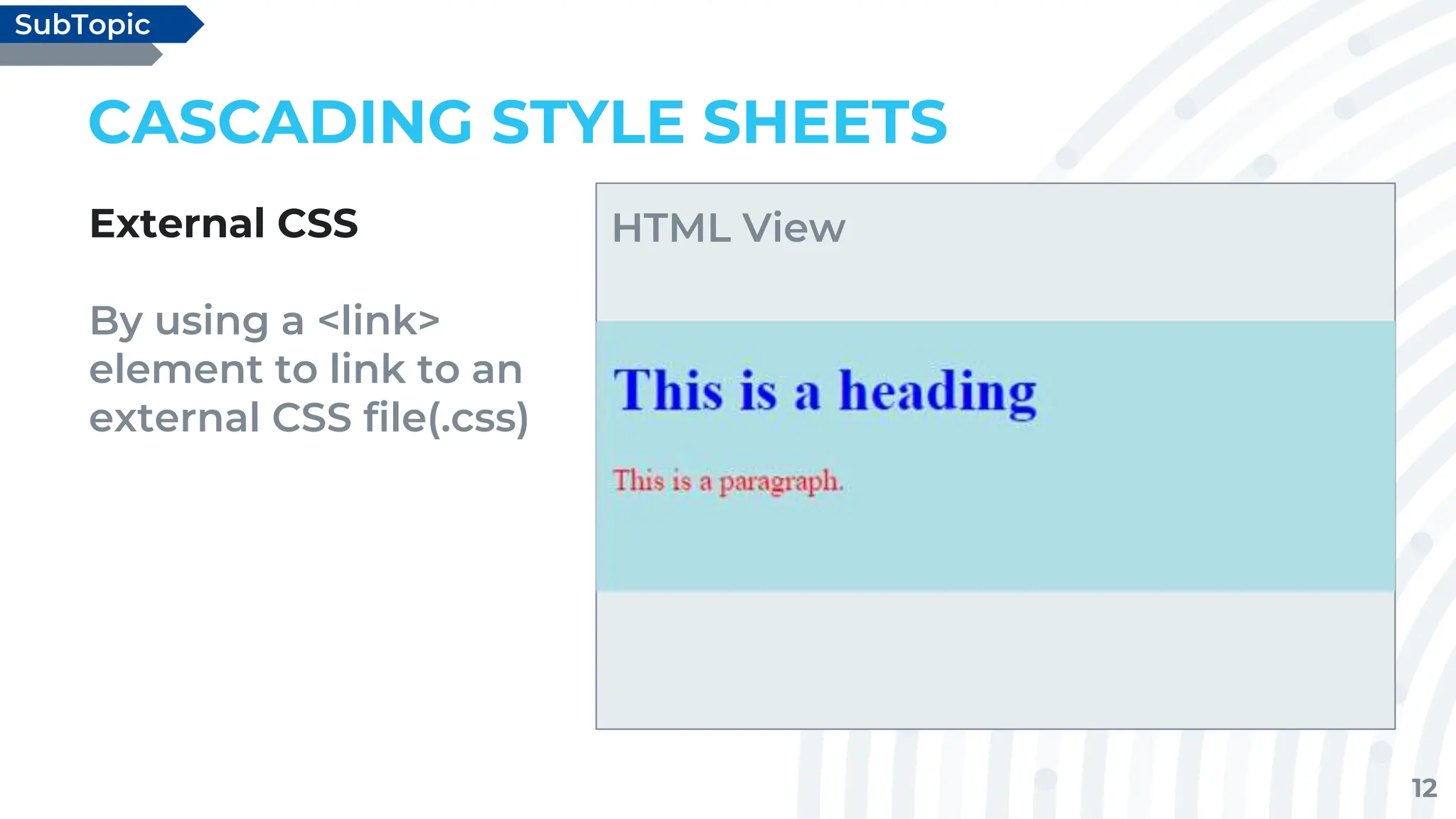 12
CASCADING STYLE SHEETS
External CSS
By using a <link>
element to link to an
external CSS file(.css)
SubTopic
HTML View
 