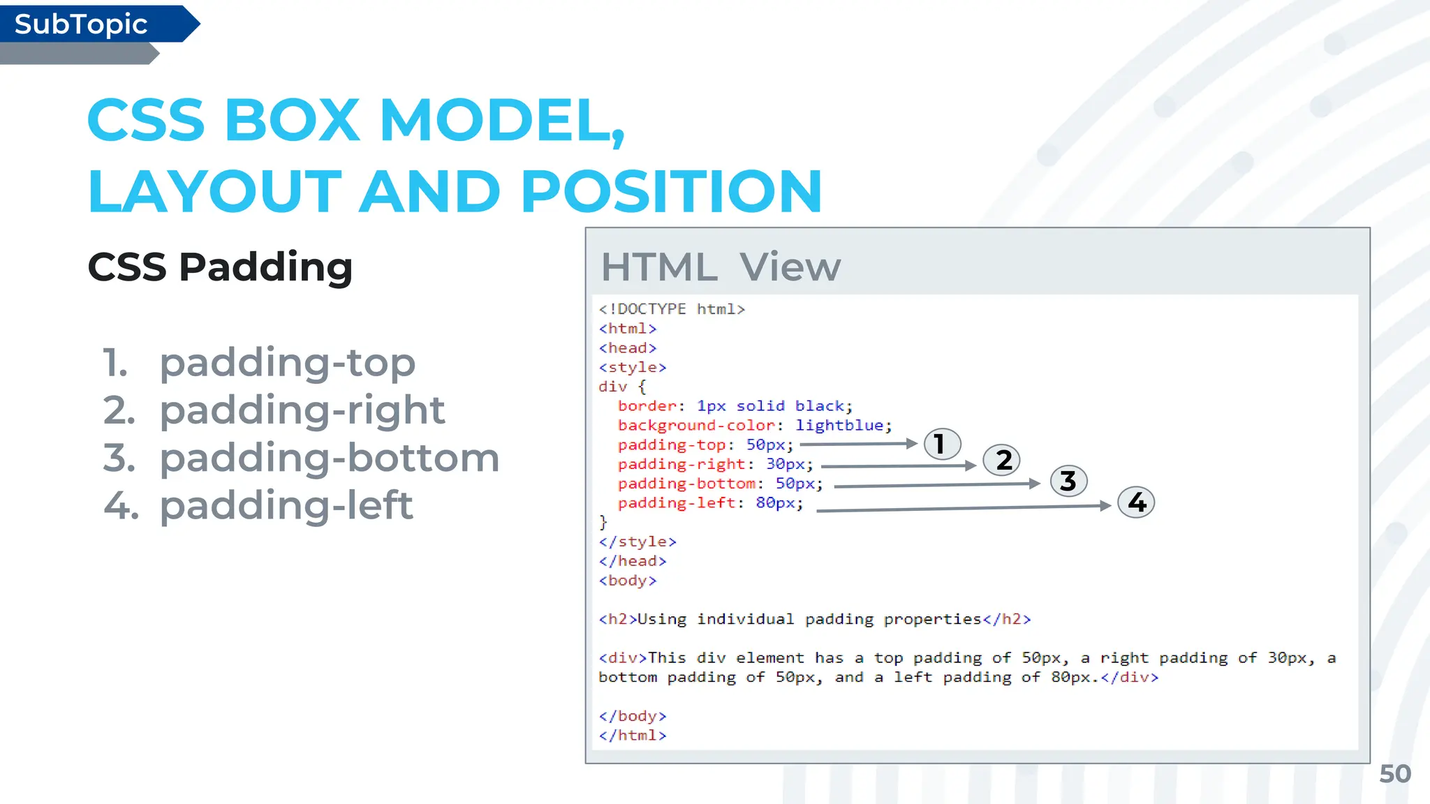 50
CSS Padding
1. padding-top
2. padding-right
3. padding-bottom
4. padding-left
CSS BOX MODEL,
LAYOUT AND POSITION
SubTopic
HTML View
1
2
3
4
 