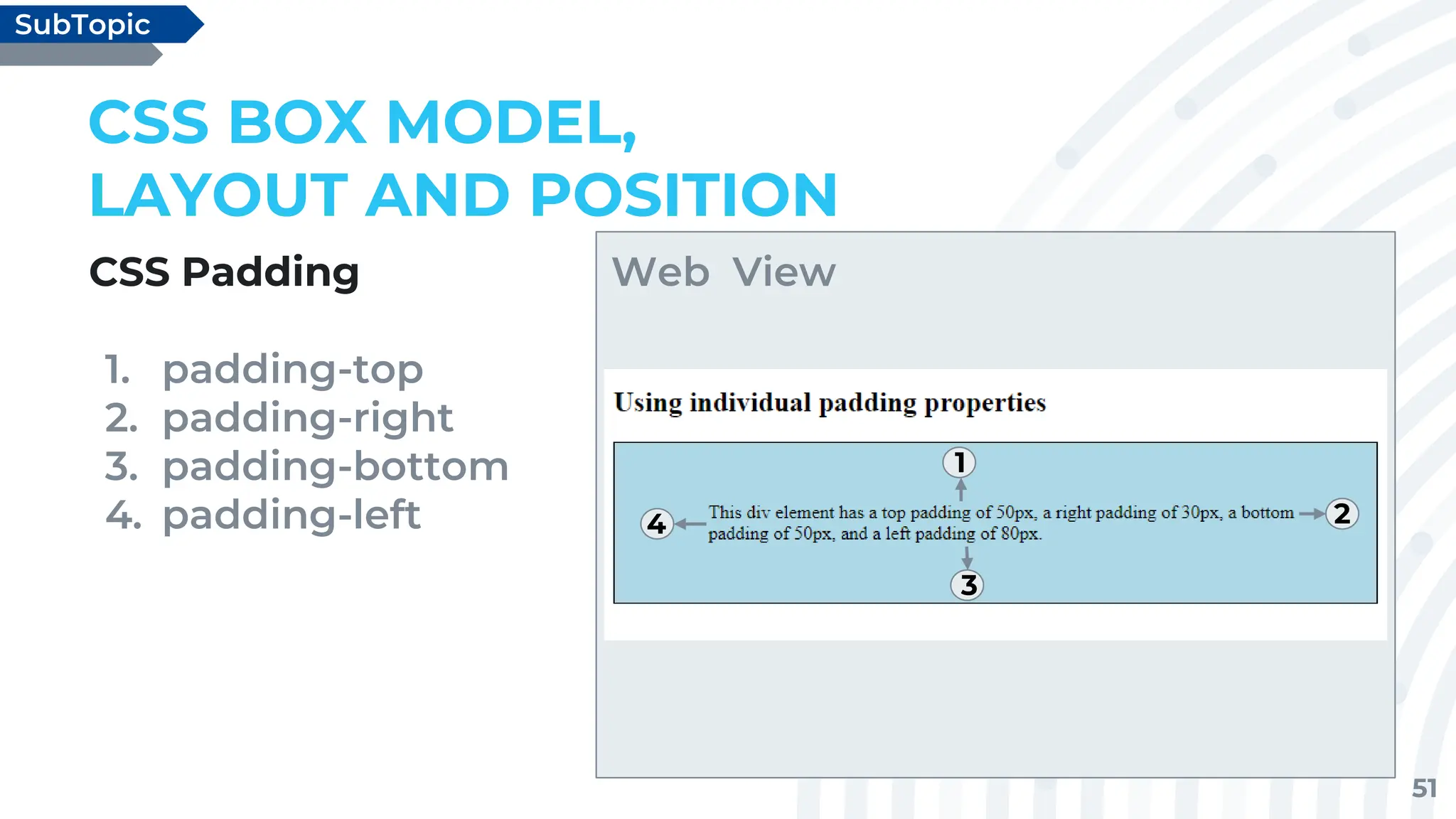 51
CSS Padding
1. padding-top
2. padding-right
3. padding-bottom
4. padding-left
CSS BOX MODEL,
LAYOUT AND POSITION
SubTopic
Web View
1
2
3
4
 