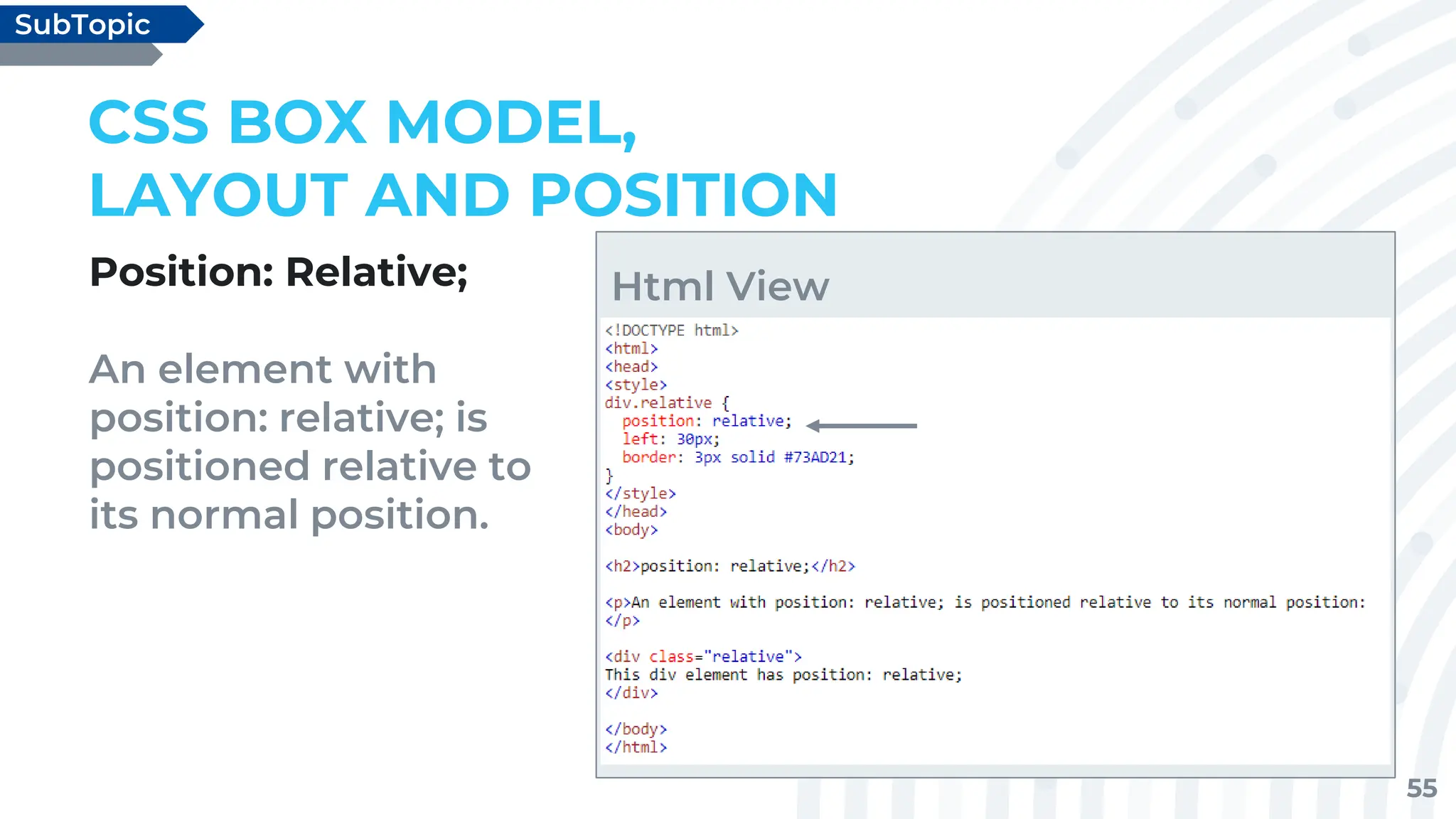 55
Position: Relative;
An element with
position: relative; is
positioned relative to
its normal position.
CSS BOX MODEL,
LAYOUT AND POSITION
SubTopic
Html View
 