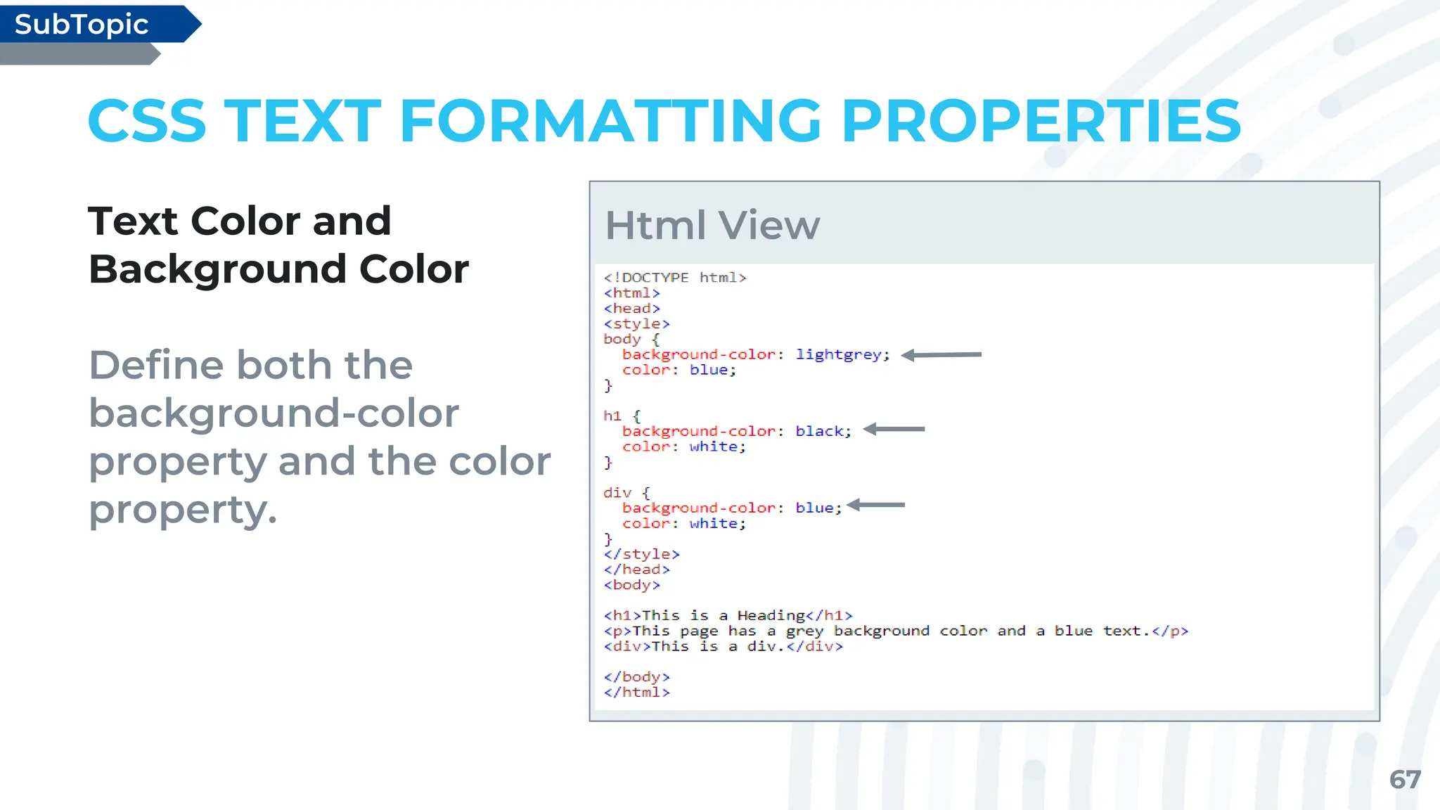 67
CSS TEXT FORMATTING PROPERTIES
Text Color and
Background Color
Define both the
background-color
property and the color
property.
SubTopic
Html View
 