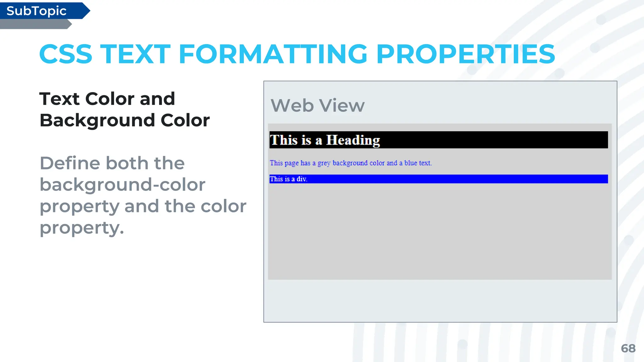 68
CSS TEXT FORMATTING PROPERTIES
Text Color and
Background Color
Define both the
background-color
property and the color
property.
SubTopic
Web View
 