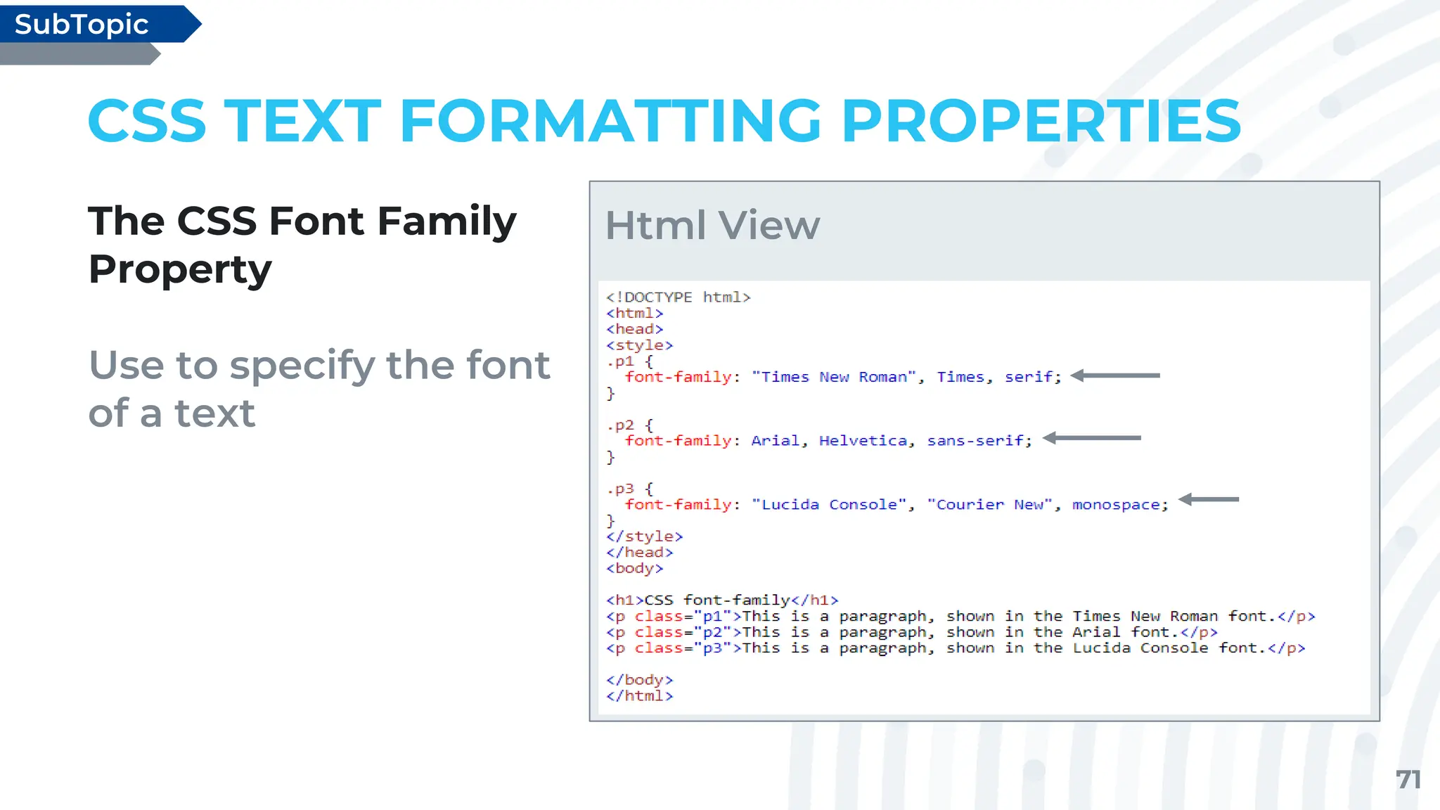 71
CSS TEXT FORMATTING PROPERTIES
The CSS Font Family
Property
Use to specify the font
of a text
SubTopic
Html View
 