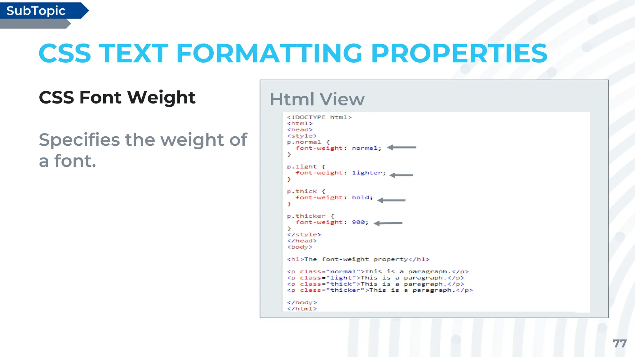 77
CSS TEXT FORMATTING PROPERTIES
CSS Font Weight
Specifies the weight of
a font.
SubTopic
Html View
 