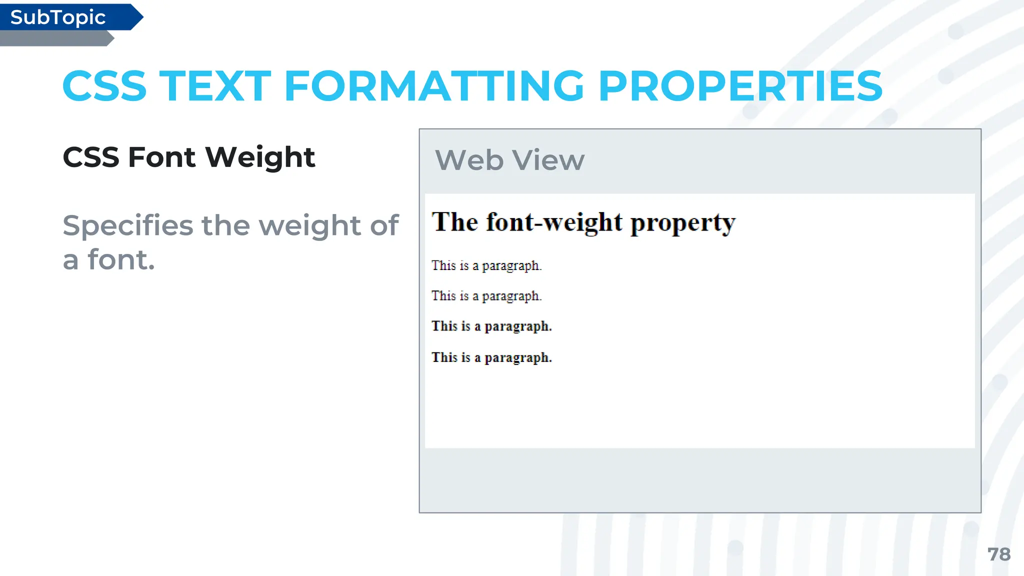 78
CSS TEXT FORMATTING PROPERTIES
CSS Font Weight
Specifies the weight of
a font.
SubTopic
Web View
 