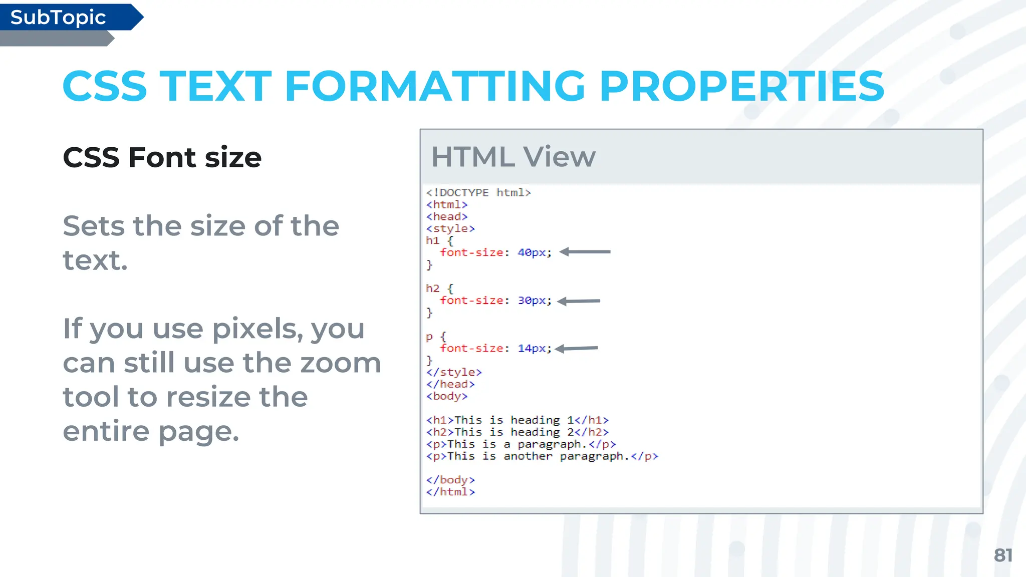 81
CSS TEXT FORMATTING PROPERTIES
CSS Font size
Sets the size of the
text.
If you use pixels, you
can still use the zoom
tool to resize the
entire page.
SubTopic
HTML View
 