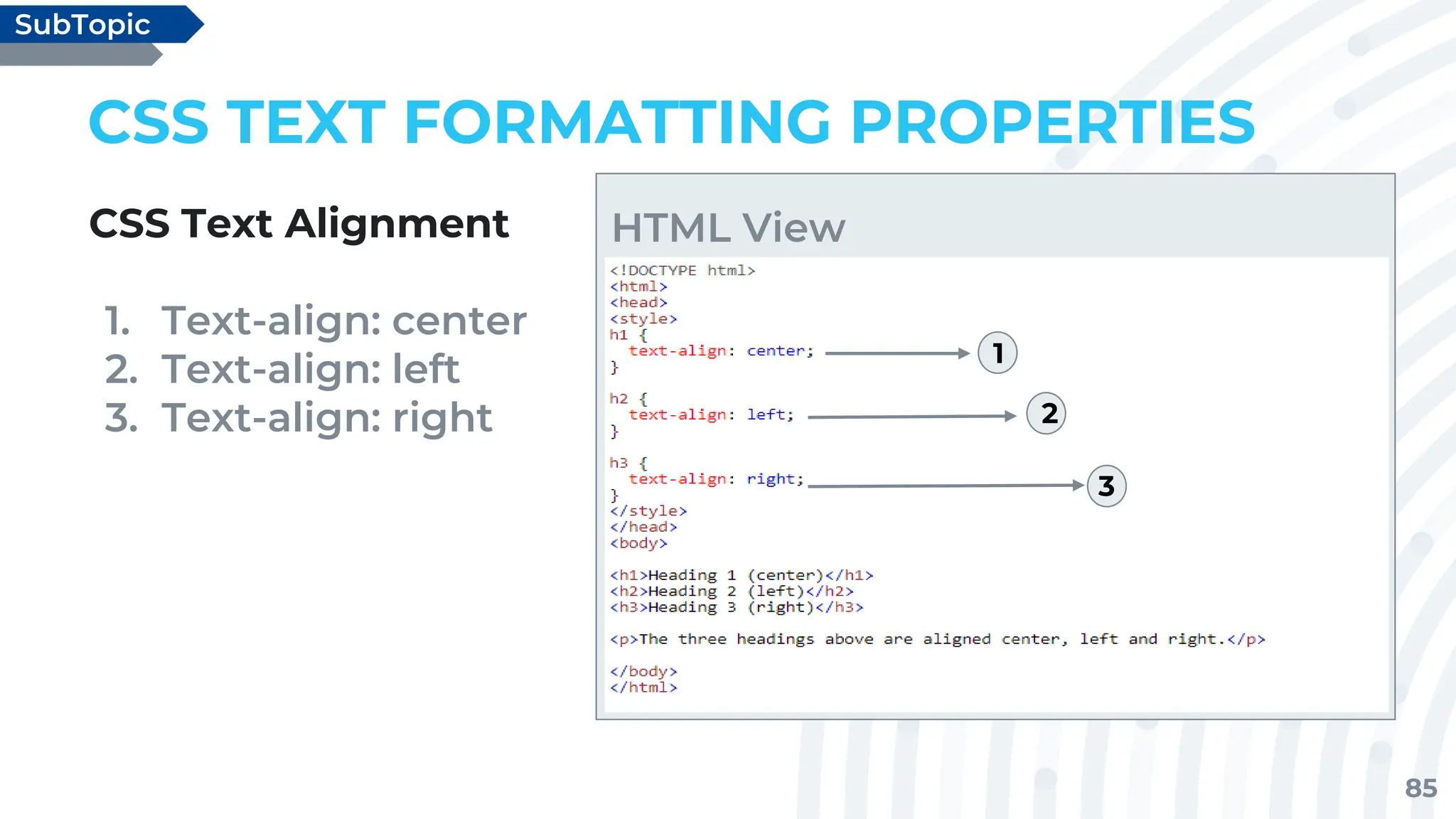 85
CSS TEXT FORMATTING PROPERTIES
CSS Text Alignment
1. Text-align: center
2. Text-align: left
3. Text-align: right
SubTopic
HTML View
1
2
3
 