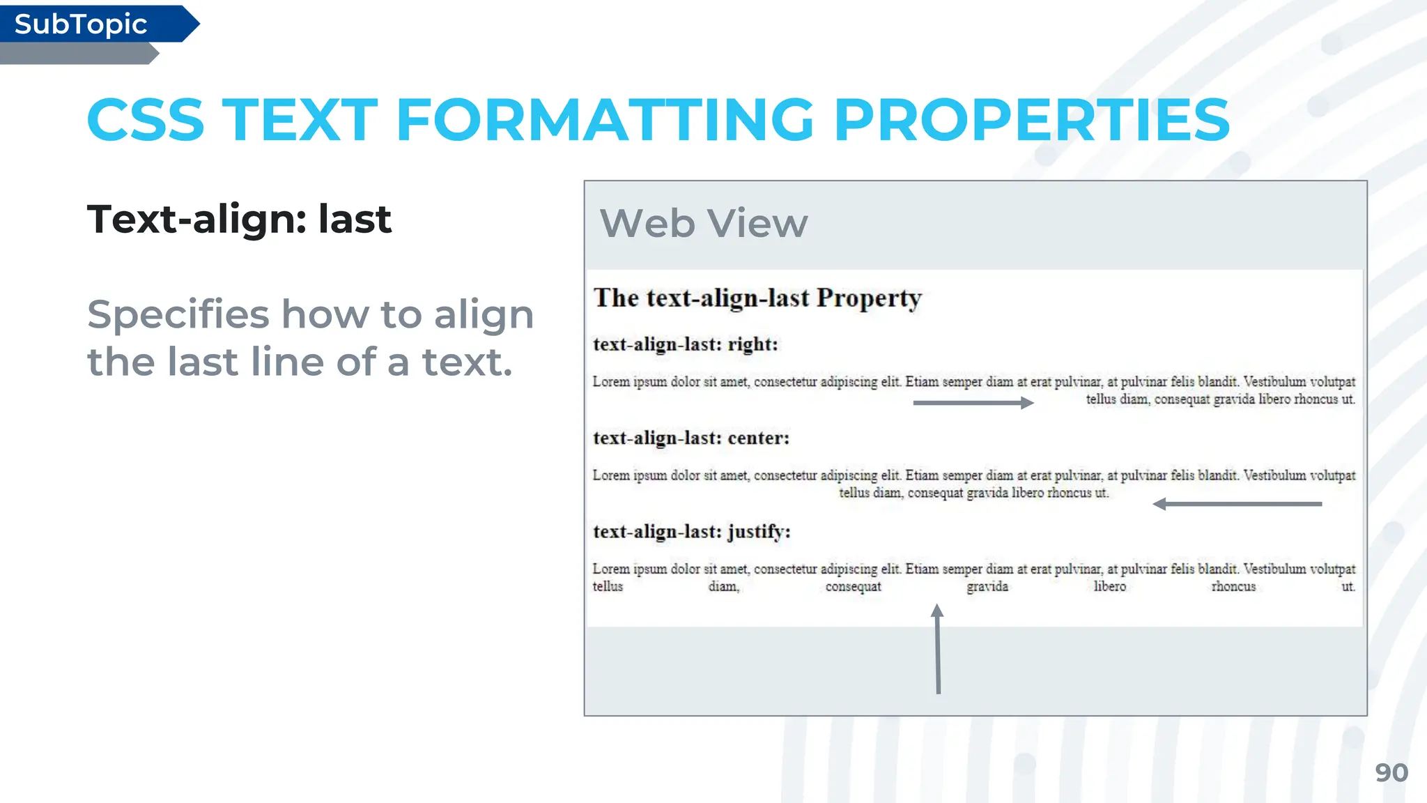 90
CSS TEXT FORMATTING PROPERTIES
Text-align: last
Specifies how to align
the last line of a text.
SubTopic
Web View
 
