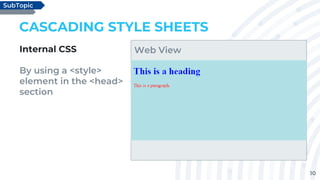 10
CASCADING STYLE SHEETS
Internal CSS
By using a <style>
element in the <head>
section
SubTopic
Web View
 