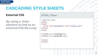 11
CASCADING STYLE SHEETS
External CSS
By using a <link>
element to link to an
external CSS file (.css)
SubTopic
HTML View
 