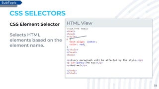 19
CSS SELECTORS
CSS Element Selector
Selects HTML
elements based on the
element name.
SubTopic
HTML View
 