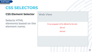 20
CSS SELECTORS
CSS Element Selector
Selects HTML
elements based on the
element name.
SubTopic
Web View
 