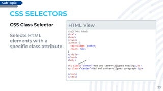 23
CSS SELECTORS
CSS Class Selector
Selects HTML
elements with a
specific class attribute.
SubTopic
HTML View
 