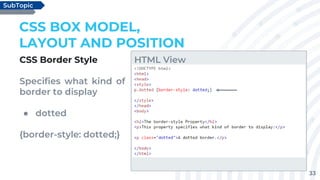 33
CSS Border Style
Specifies what kind of
border to display
● dotted
{border-style: dotted;}
CSS BOX MODEL,
LAYOUT AND POSITION
SubTopic
HTML View
 