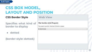 34
CSS Border Style
Specifies what kind of
border to display
● dotted
{border-style: dotted;}
CSS BOX MODEL,
LAYOUT AND POSITION
SubTopic
Web View
 