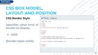 35
CSS Border Style
Specifies what kind of
border to display
● solid
{border-style: solid;}
CSS BOX MODEL,
LAYOUT AND POSITION
SubTopic
HTML View
 