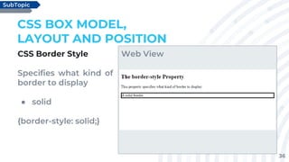 36
CSS Border Style
Specifies what kind of
border to display
● solid
{border-style: solid;}
CSS BOX MODEL,
LAYOUT AND POSITION
SubTopic
Web View
 