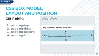 51
CSS Padding
1. padding-top
2. padding-right
3. padding-bottom
4. padding-left
CSS BOX MODEL,
LAYOUT AND POSITION
SubTopic
Web View
1
2
3
4
 