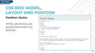 53
Position: Static;
HTML elements are
positioned static by
default.
CSS BOX MODEL,
LAYOUT AND POSITION
SubTopic
Html View
 